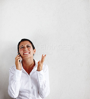 Buy stock photo Business, phone call and woman with stress, angry and mistake with project deadline, fraud and crisis. Scam, doubt and agent with reject, fail or confused with anxiety and person on studio background