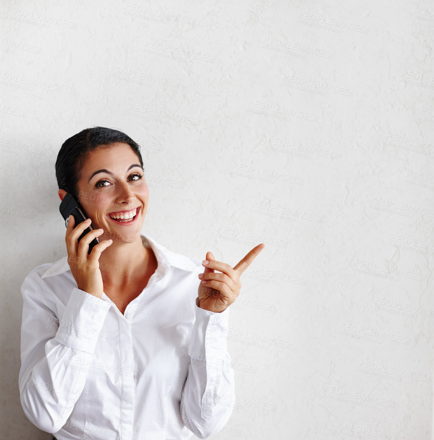 Buy stock photo Pointing, portrait and business woman with phone call, opportunity and about us on white studio background. Face, person and employee with hand gesture, cellphone and decision for project and review