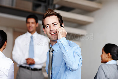 Buy stock photo Professional, man and phone call for meeting in office with communication, networking and chat as finance consultant. Happy male person and mobile for discussion, feedback and business negotiation