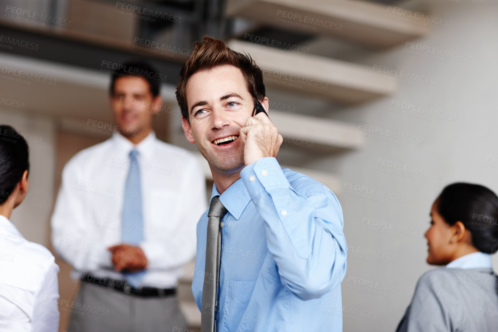 Buy stock photo Professional, man and phone call for meeting in office with communication, networking and chat as finance consultant. Happy male person and mobile for discussion, feedback and business negotiation