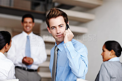 Buy stock photo Portrait, man and phone call for meeting in office with communication, networking and chat as finance consultant. Professional, male person and mobile for discussion, feedback or business negotiation