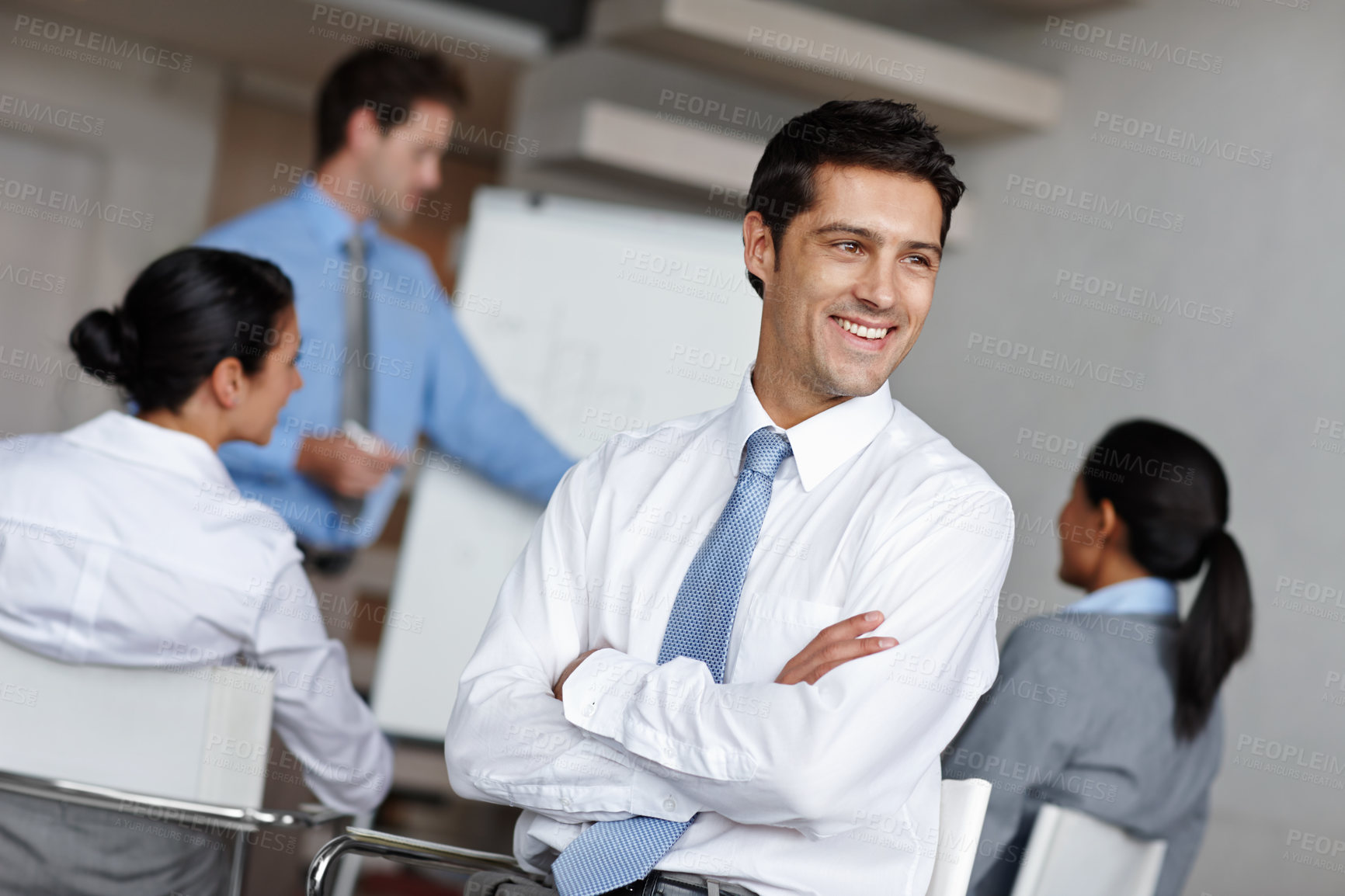 Buy stock photo Thinking, businessman and confidence for meeting with colleague, diversity and collaboration in office. Male person, ideas and group for team building, employee and professional for accounting firm