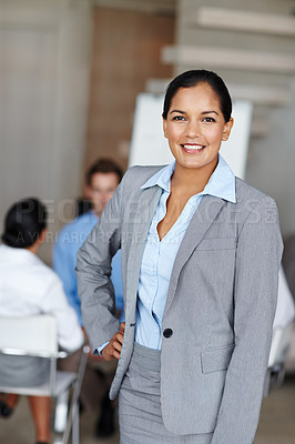Buy stock photo Confidence, business and girl with portrait in office for work in performance monitoring and compliance. Investor relations manager, happy and proud for financial reporting and partnership management
