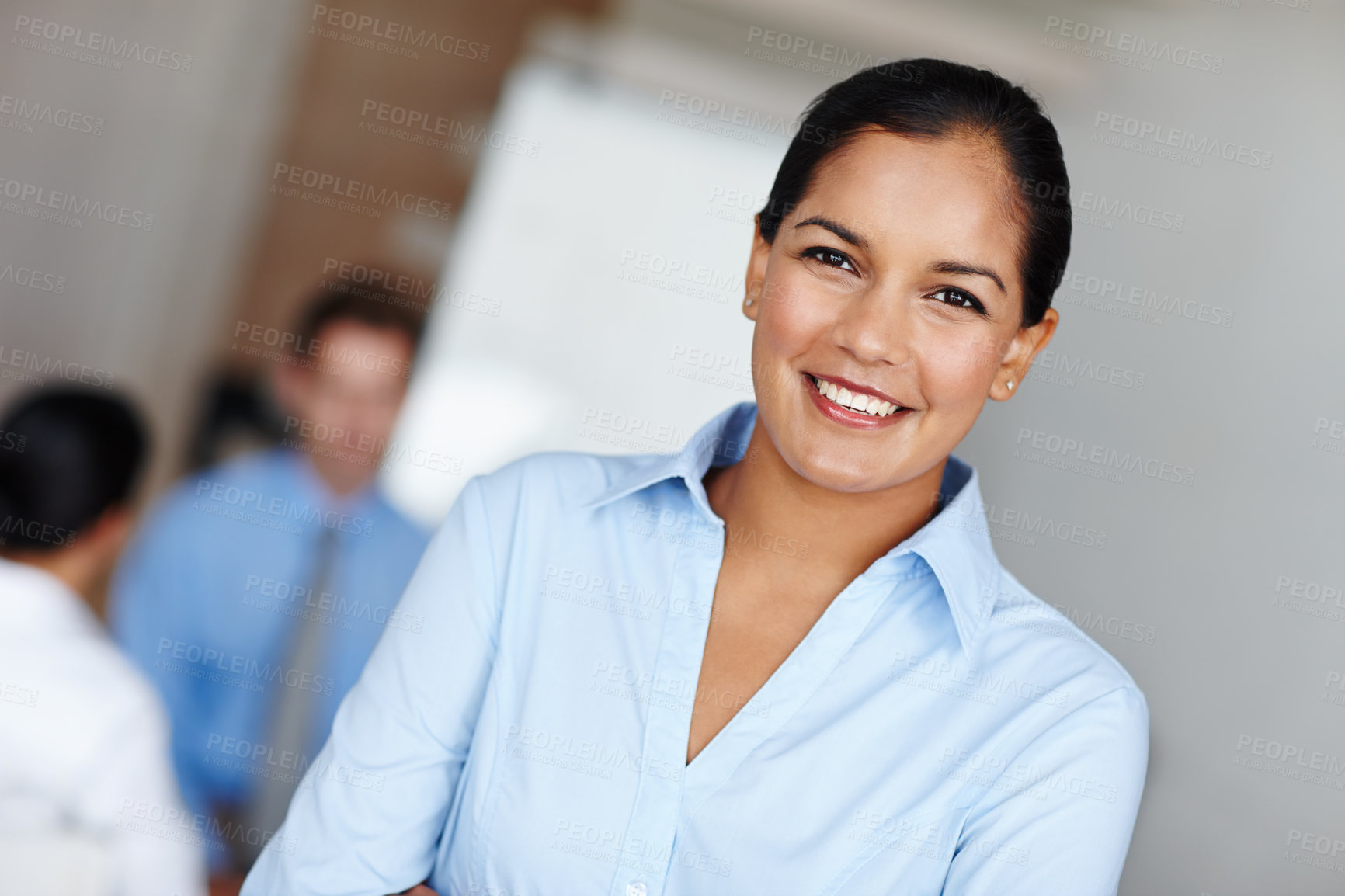 Buy stock photo Confident, business and girl with portrait in office for work in performance monitoring and compliance. Investor relations manager, happy and proud for financial reporting and partnership management.