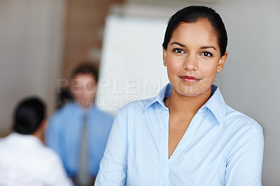 Buy stock photo Smile, business and woman with portrait in office for work in performance monitoring and compliance. Investor relations manager, confident and proud for financial reporting and partnership management