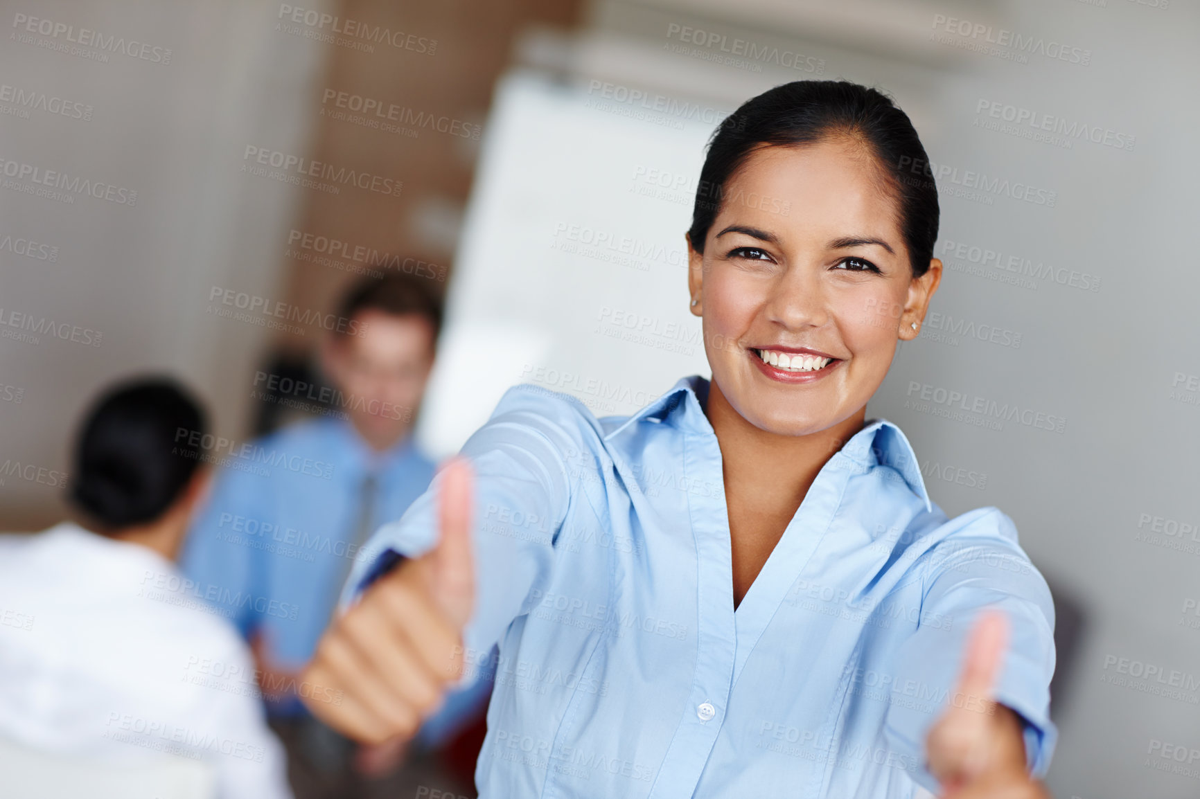 Buy stock photo Woman, portrait and thumbs up in business workplace, corporate and company approval for goals or targets. Hand gesture, professional and great or good feedback, smile and confident or well done
