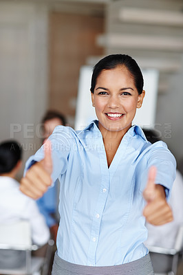 Buy stock photo Woman, portrait and thumbs up in corporate in office, business employee and company approval or target goals. Hand gesture, professional and great or good feedback, smile and confident or well done
