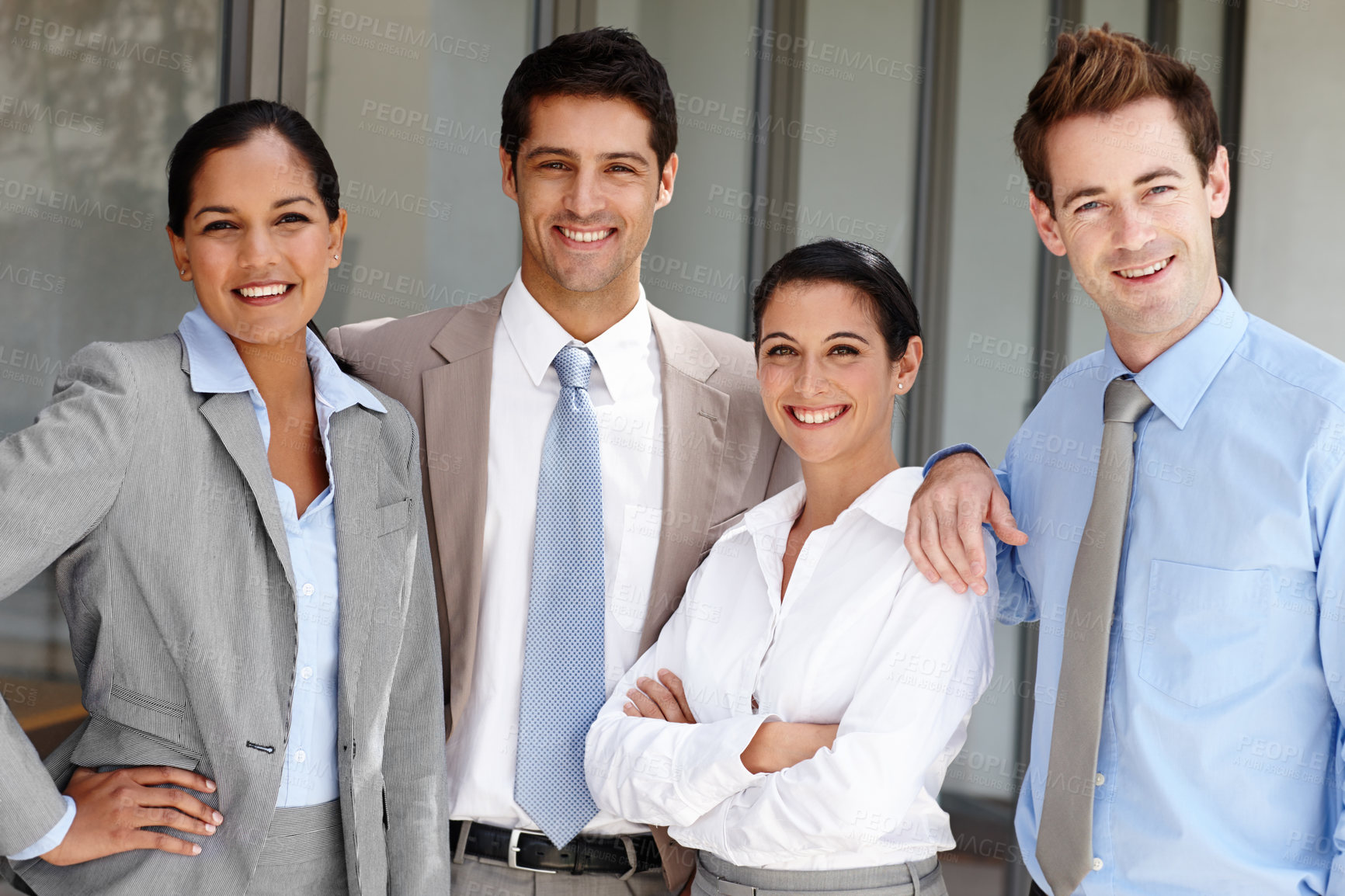 Buy stock photo Business people, portrait smile and pride for collaboration, cooperation and diversity in office. Happy, confidence and accounting team with solidarity for leadership about us, inclusion and equality