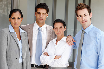 Buy stock photo Confident, group and portrait of business people by workplace for corporate career and supply chain or project management. Operations team, compliance and problem solving for company and professional