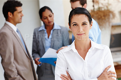 Buy stock photo Portrait, investor or businesswoman with arms crossed, confidence or finance career in accounting office. Face, qualified financial advisor or happy professional female accountant ready for corporate