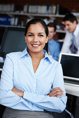 Buy stock photo Arms crossed, portrait and smile with accountant woman at desk in office for administration or research. Face, laptop and tax audit with happy employee at table in workplace for financial management