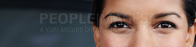 Buy stock photo Woman, eyes and banner with portrait in studio for vision health, ophthalmology or eyesight. Closeup, person and face with mockup space for contact lens, prescription or optometry on black background