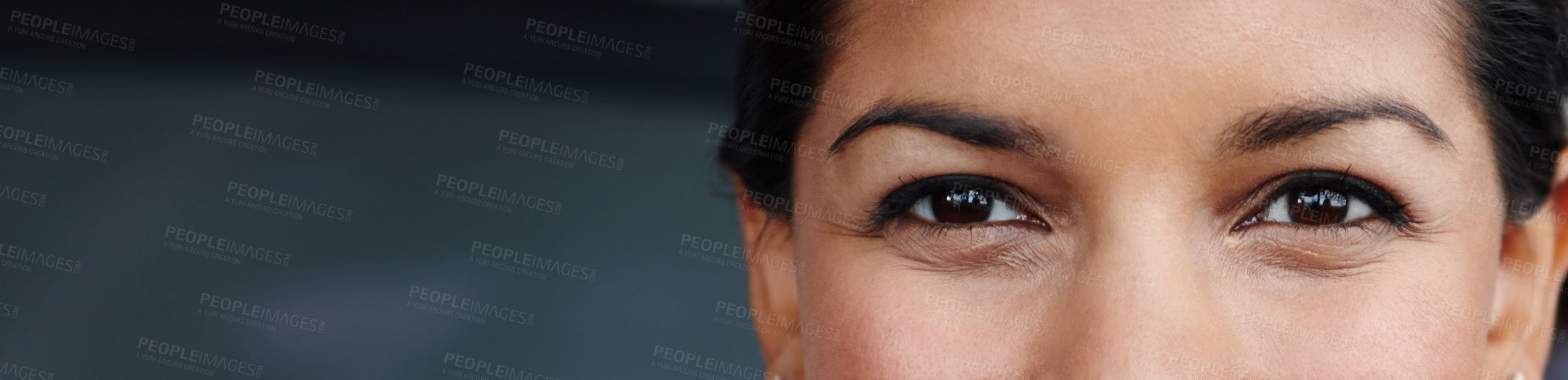 Buy stock photo Woman, eyes and banner with portrait in studio for vision health, ophthalmology or eyesight. Closeup, person and face with mockup space for contact lens, prescription or optometry on black background