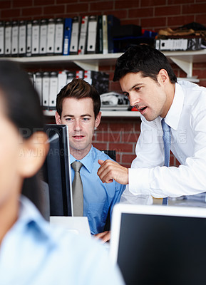 Buy stock photo Businessman, coaching and agency with computer for training staff on procedures at office. Man or employee talking or explaining business process or software to intern on technology at workplace
