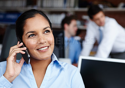 Buy stock photo Accounting, phone call and thinking with business woman in office for finance communication or investment. Bookkeeping, conversation and smile with happy accountant in workplace for wealth management