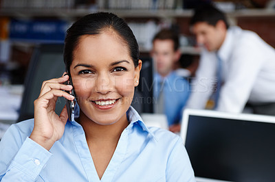 Buy stock photo Finance, phone call and portrait of woman bank office for communication, consulting or investment. Accounting, bookkeeping and face of happy person in workplace for networking or wealth management
