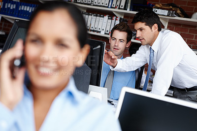 Buy stock photo Business, men or helping on computer in office with payroll system, bookkeeping training or teamwork. Finance intern, advisor or explaining online banking review or budget analysis at accounting firm