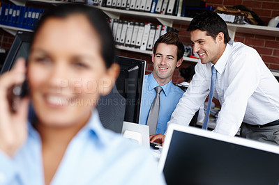 Buy stock photo Businessman, teamwork and helping on computer in office with payroll system, bookkeeping training or happy. Finance intern, advisor and discussion with pc for online banking review or budget analysis