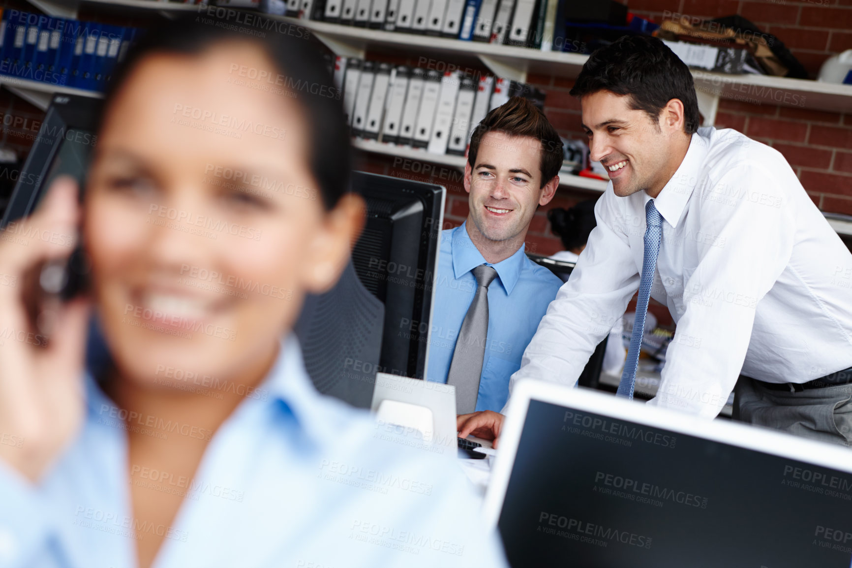 Buy stock photo Businessman, teamwork and helping on computer in office with payroll system, bookkeeping training or happy. Finance intern, advisor and discussion with pc for online banking review or budget analysis