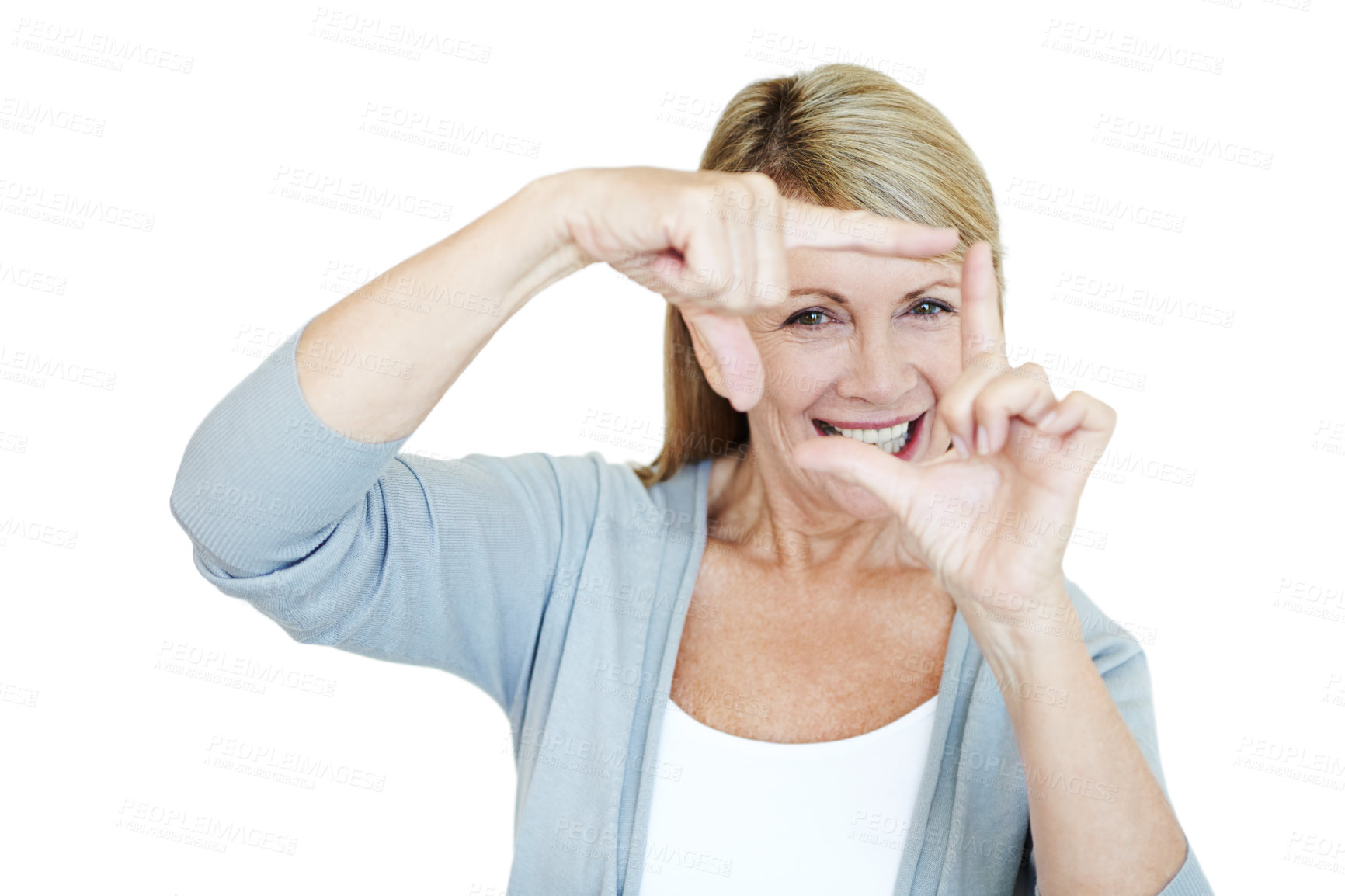 Buy stock photo Mature woman, finger frame and studio portrait for smile, excited or emoji by white background. Person, happy and sign for photography with perspective, direction or symbol with confidence in Germany