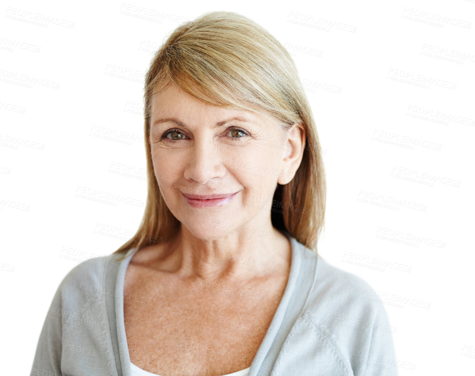 Buy stock photo Studio portrait of a senior lady isolated against a white background. Elegant mature woman standing and looking confident with copy space. Older female with a kind face enjoying her retirement