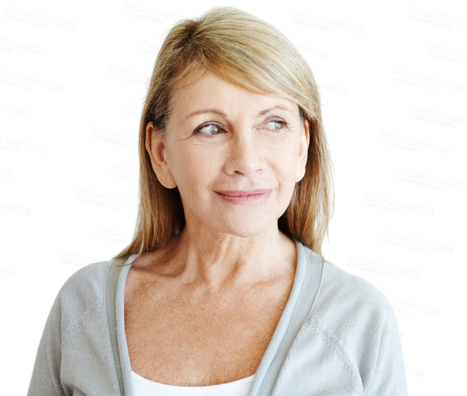 Buy stock photo Face, memory and thinking with mature woman in studio isolated on white background for idea or nostalgia. Future, hope and vision with thoughtful person looking away for contemplation or planning