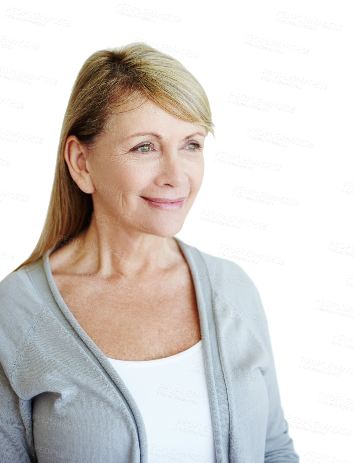 Buy stock photo Thinking, smile and senior woman ideas, choice and model isolated on white studio background. Mature person, mockup space and lady with decision, thought and wonder with question and positive mindset