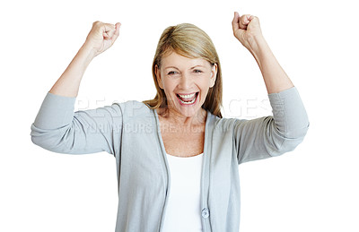 Buy stock photo Mature woman, celebration and studio portrait for smile, shout or winning by white background. Person, success and cheers with fist for achievement, prize or giveaway with bonus for financial freedom