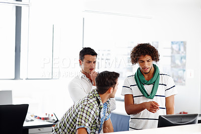 Buy stock photo Business people, planning and men with pc, conversation and brainstorming in modern office. Group, creative agency and employees with paperwork, computer and internet with decision and opportunity