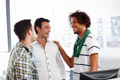 Buy stock photo Business, conversation and laughing with friends in office together for comedy, humor or joke. Comic, funny and smile with male employee people in creative workplace for bonding or design career