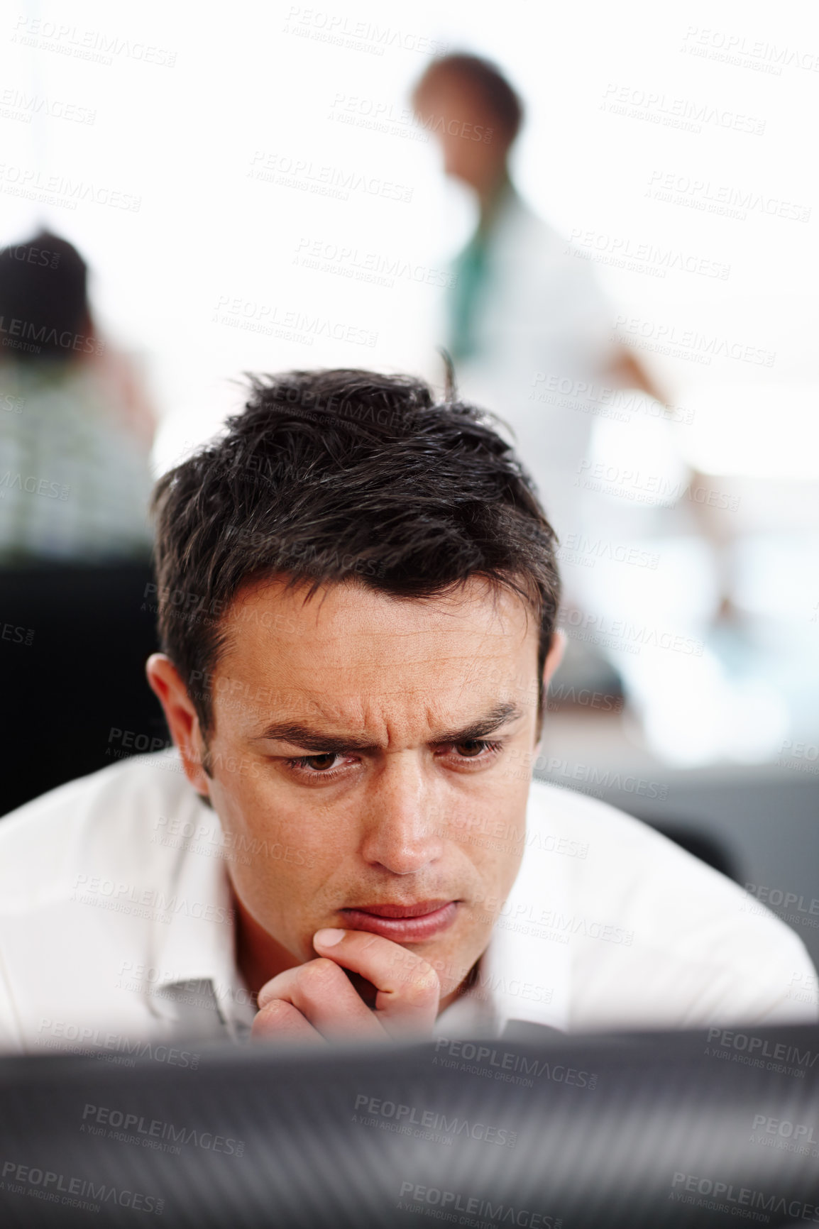 Buy stock photo Computer, face and thinking with business man in office for problem solving or programming error. 404. confused and glitch with professional web developer in workplace for compliance or regulations