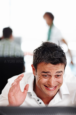 Buy stock photo Computer, face and error with business man in office at desk for programming accident or mistake. Anxiety, stress or worry and employee in web development workplace with 404 or website glitch