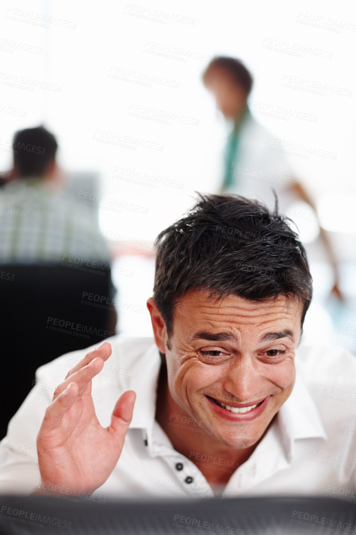 Buy stock photo Computer, face and error with business man in office at desk for programming accident or mistake. Anxiety, stress or worry and employee in web development workplace with 404 or website glitch