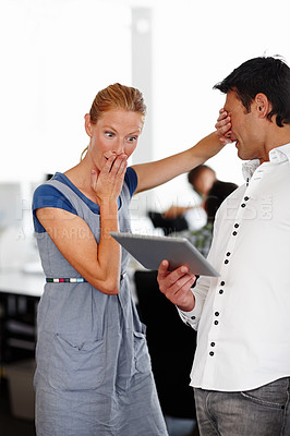 Buy stock photo Tablet, shock and business people in office together for good news email, notification or fun post. Man, woman and covering eyes for social media, report or surprise on digital app at design agency