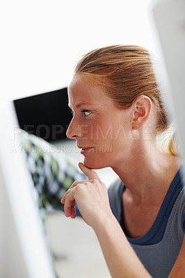 Buy stock photo Computer, thinking and woman in coworking space for design, web development or software engineering. Ideas, advice or creative consultant with online support, internship or training at digital agency