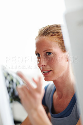 Buy stock photo Design, thinking or woman at computer for advice, web development or software programmer in office. Idea, planning or creative consultant for online support, internship or coworking at digital agency