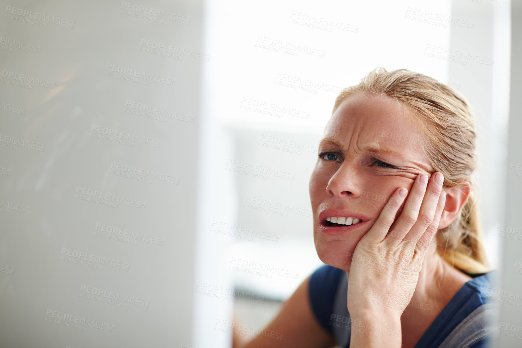 Buy stock photo Stress, confused and woman in office with computer, glitch and online error connection on business website. Brain fog, fatigue and frustrated designer at digital agency with anxiety, burnout or doubt