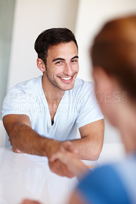 Buy stock photo Happy businessman, handshake and meeting with partnership for introduction, greeting or b2b at office. Business people shaking hands in collaboration for teamwork, deal or agreement at workplace