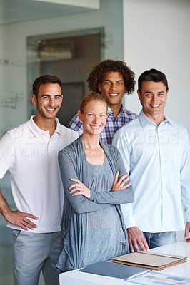 Buy stock photo Business people, smile or teamwork portrait in office with confidence, group project or meeting for branding ideas. Creative agency, employee and collaboration with pride and arms crossed at startup