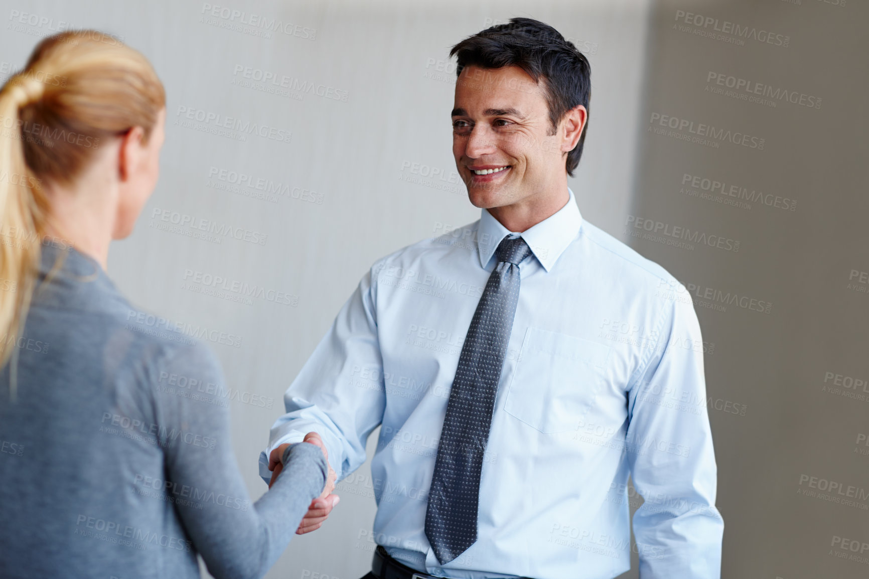 Buy stock photo Happy businessman, handshake and meeting with greeting for introduction, partnership or deal at office. Business people shaking hands with smile for b2b, agreement or teamwork together at workplace