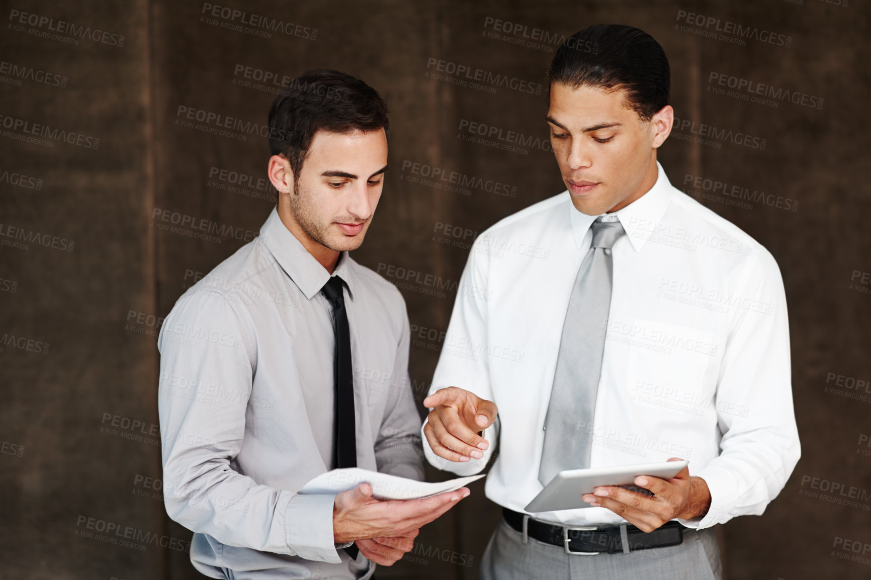 Buy stock photo Team, business people and tablet in office with document, feedback and review with information for reading. Law firm, men and lawyers with paperwork for immigration case, collaboration and discussion