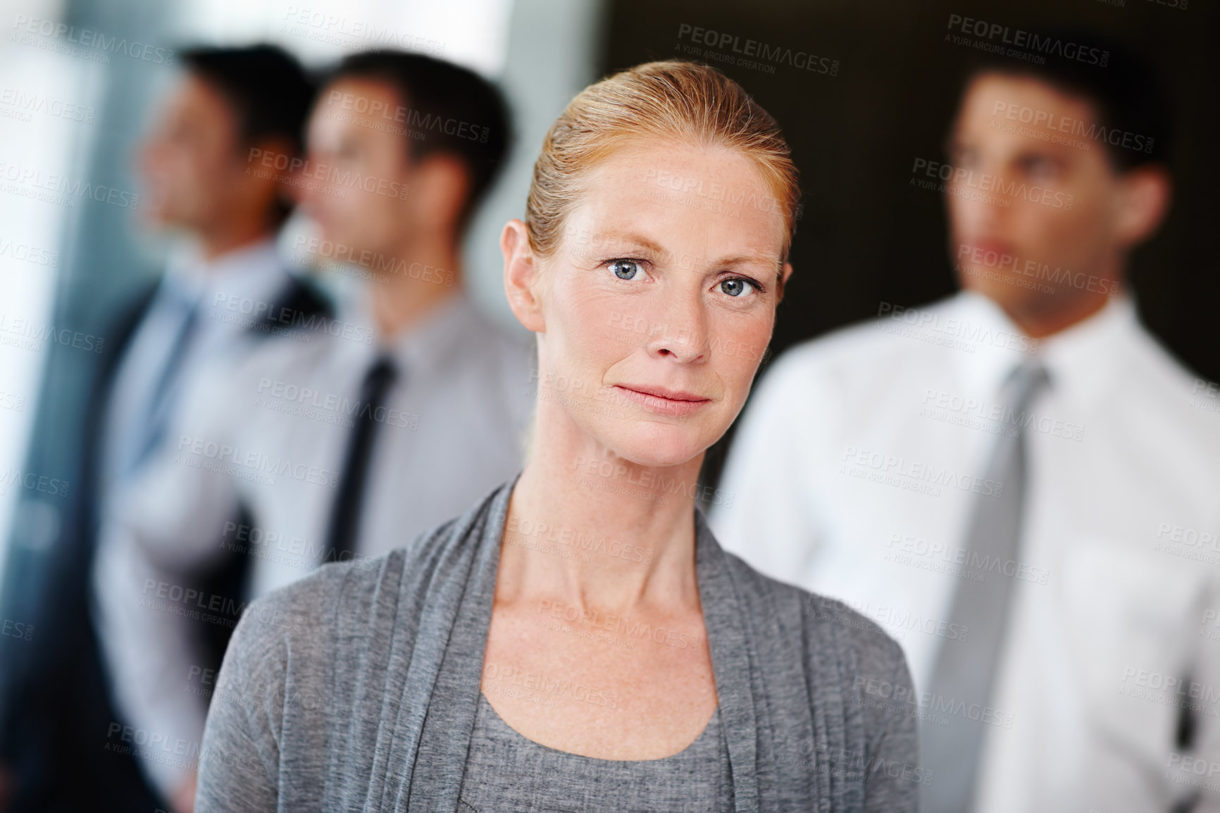 Buy stock photo Lawyers, business people and portrait of woman in office for teamwork, collaboration and legal career. Corporate attorney, law firm and workers for meeting, job and pride for consulting company