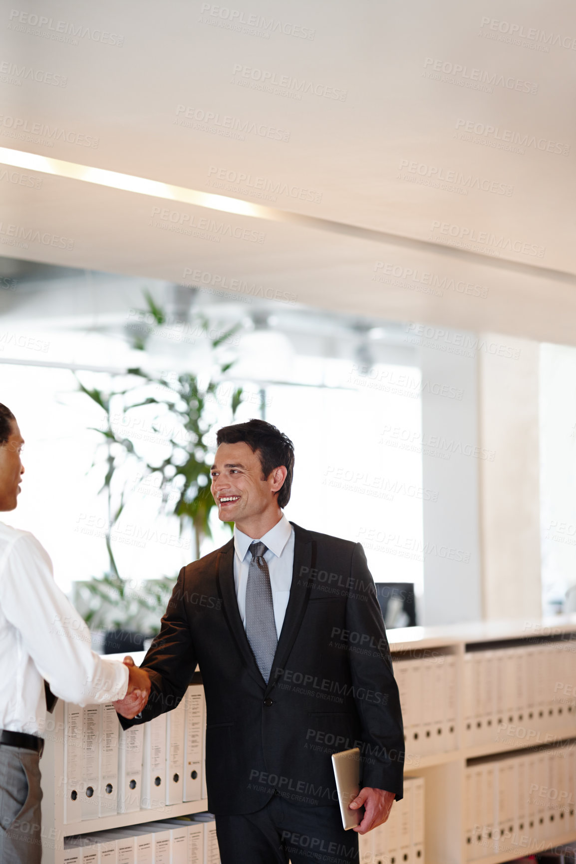 Buy stock photo Happy businessman, handshake and meeting with introduction for partnership, greeting or deal at office. Business people, shaking hands and smile for b2b, agreement or teamwork together at workplace