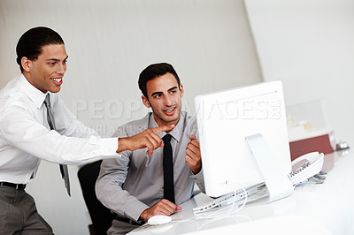 Buy stock photo Business people, employee and mentor with computer in office, research and discussion for data analysis. Career, men or accountant with auditor for helping, training and desktop for online evaluation