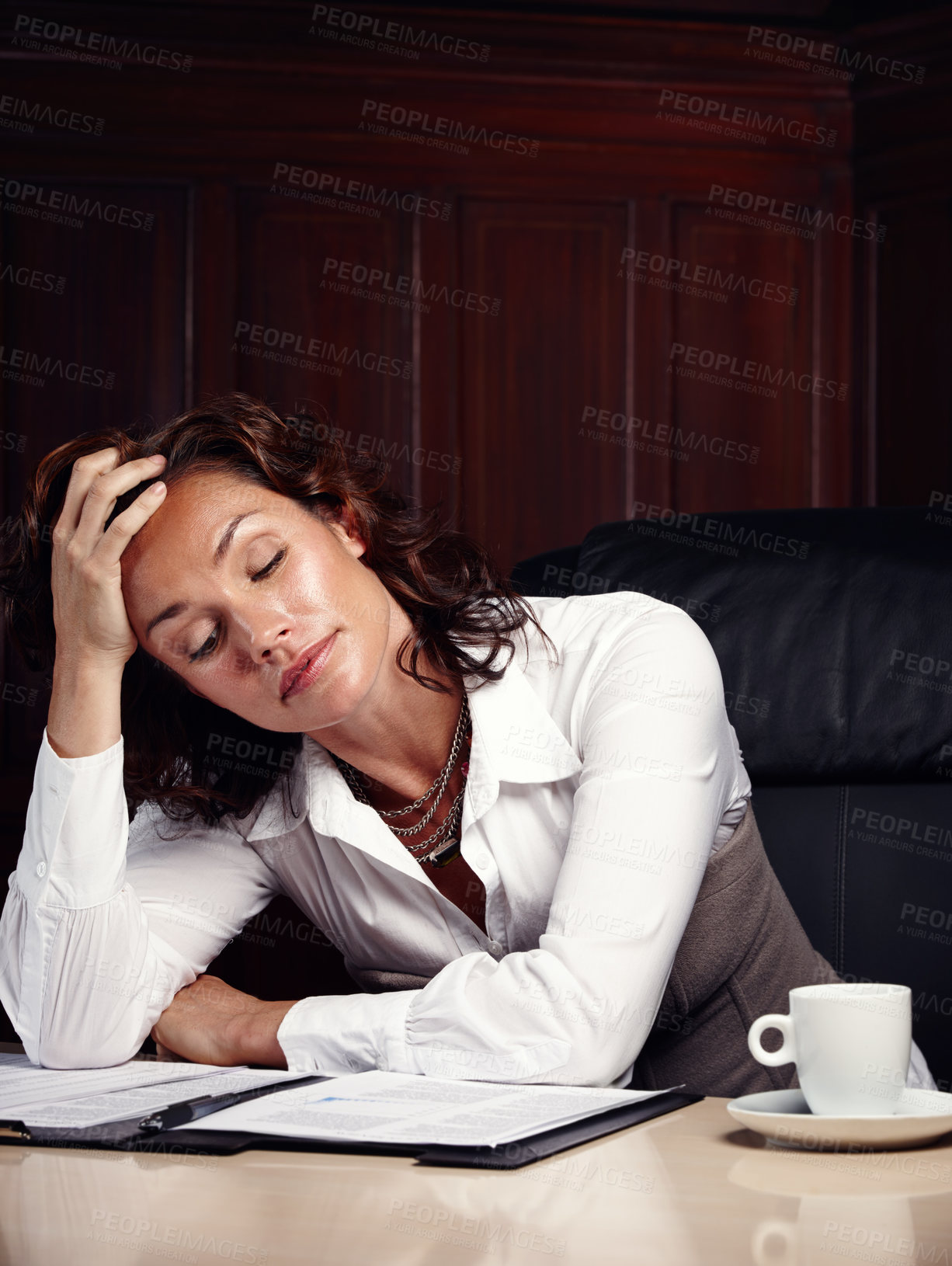 Buy stock photo Tired, woman and headache with documents in office for corporate law, deadline and fatigue at desk. Professional attorney, exhausted and paperwork with information of legal case, summary and review
