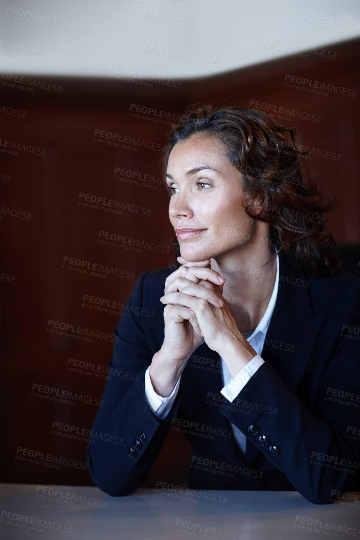 Buy stock photo Office, attorney or businesswoman in smile for thinking, justice and immigration case for legal advice. Professional career, female advocate or ideas for regulations, legislation and fair in law firm