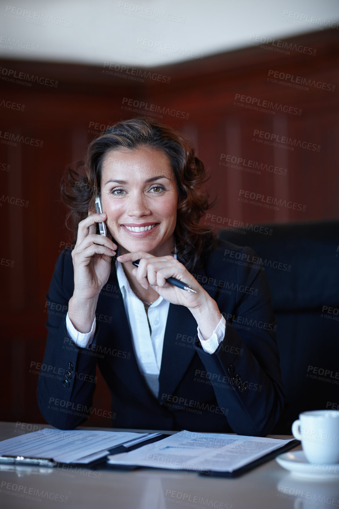 Buy stock photo Portrait, lawyer or businesswoman in office for phone call, legal advice and immigration case with client. Career, female advocate or mobile for discussion, legislation or prepare contact for justice
