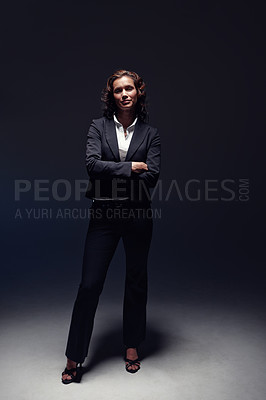 Buy stock photo Portrait, arms crossed and business woman in studio isolated on black background space. Pride, confident and professional entrepreneur in suit, spotlight and insurance agent with experience in Canada