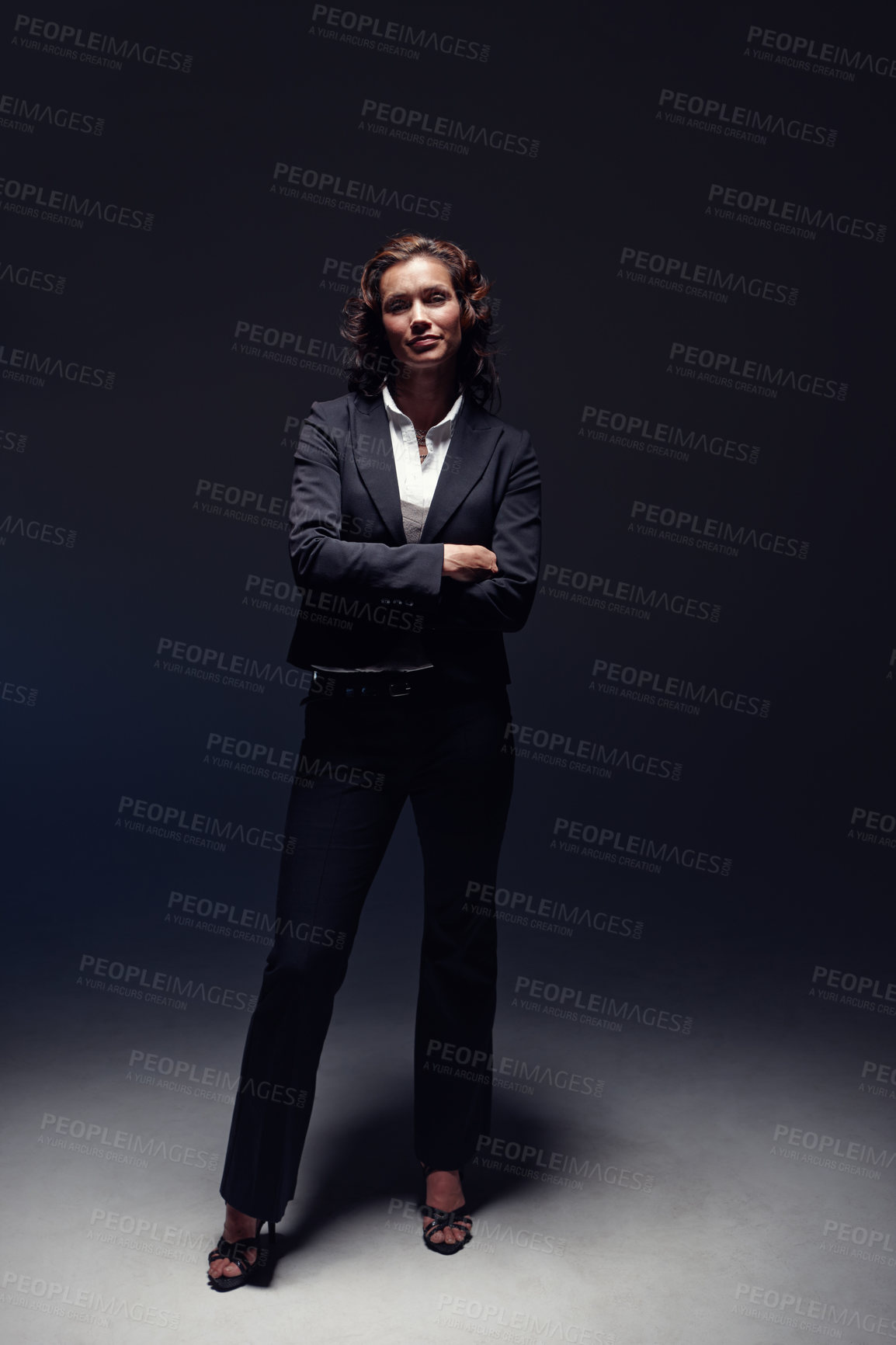 Buy stock photo Portrait, arms crossed and business woman in studio isolated on black background space. Pride, confident and professional entrepreneur in suit, spotlight and insurance agent with experience in Canada