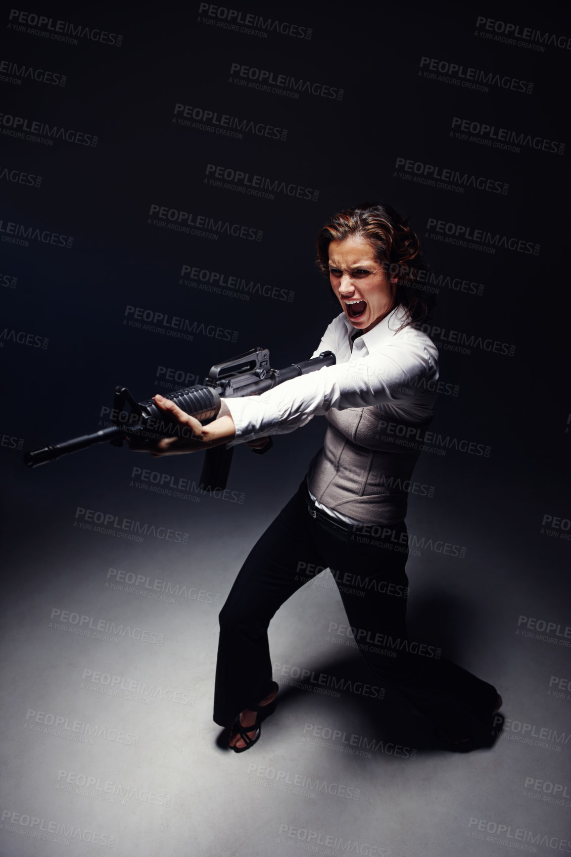 Buy stock photo Woman, rifle and professional agent in studio, angry corporate killer and black background. Female person, mafia boss and gun for fancy gangster business, criminal weapon and danger to security